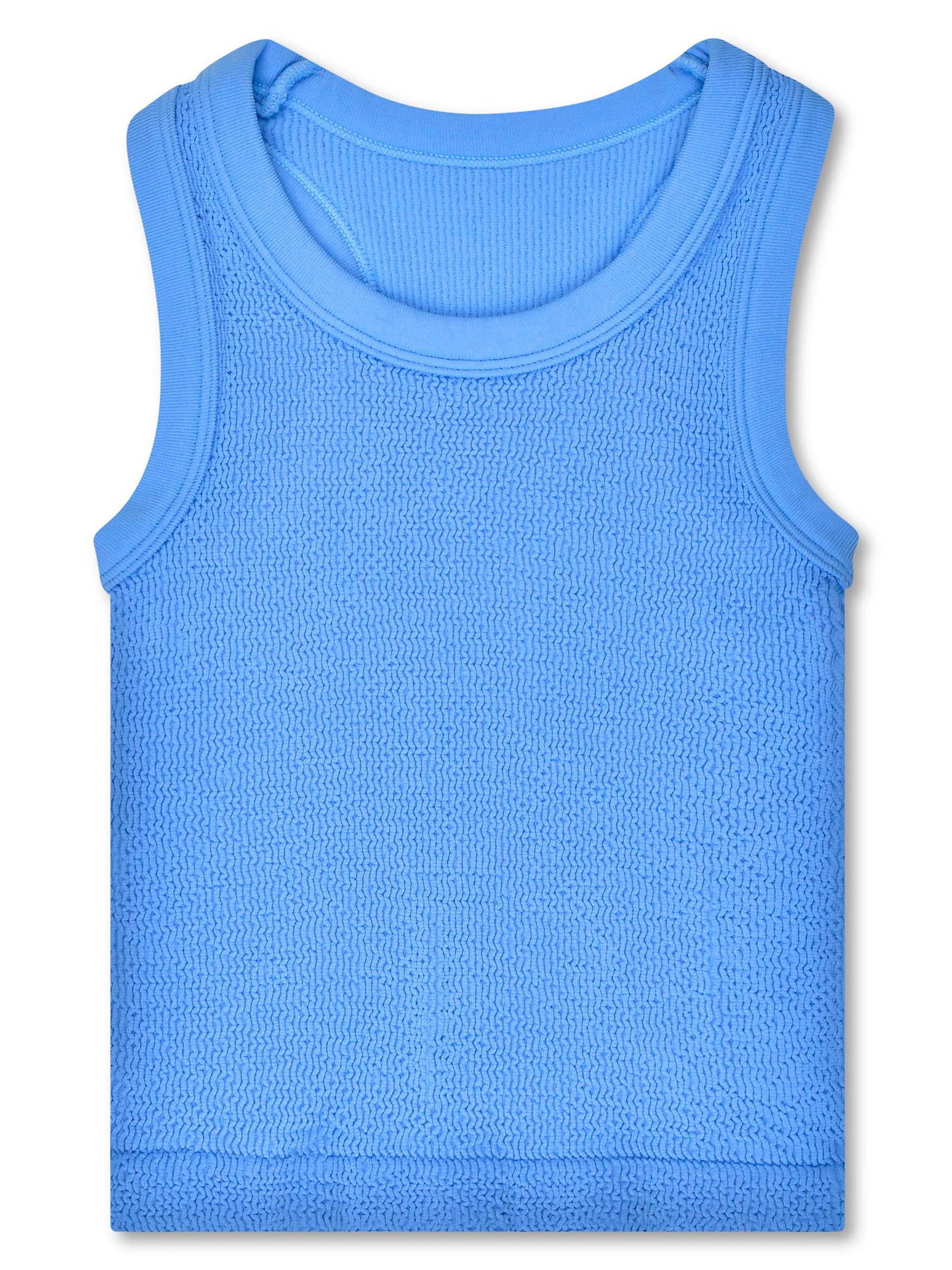 A bright blue girls sleeveless mesh tank top with a ribbed crew neck, displayed flat against a white background.