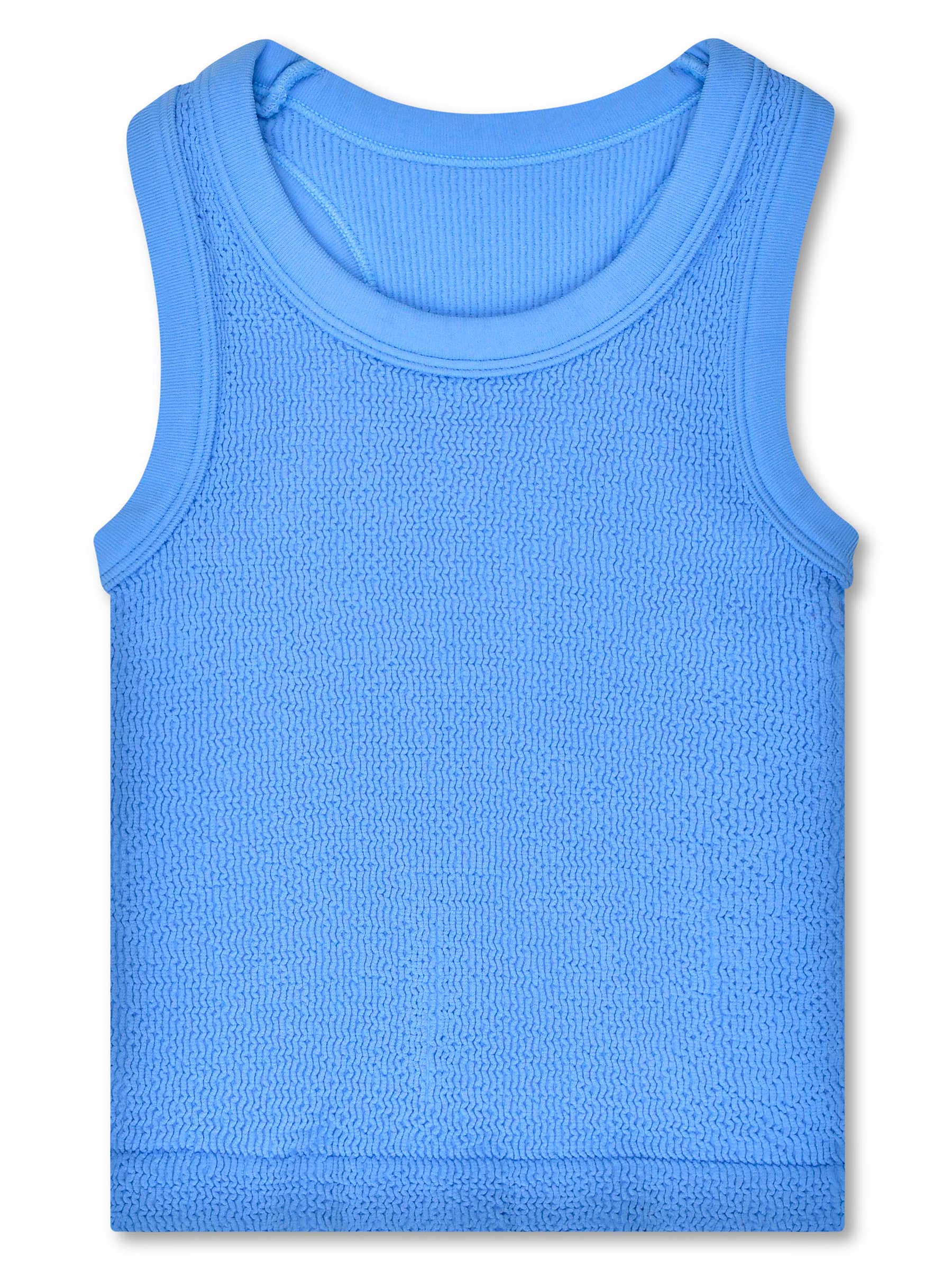 A bright blue girls sleeveless mesh tank top with a ribbed crew neck, displayed flat against a white background.