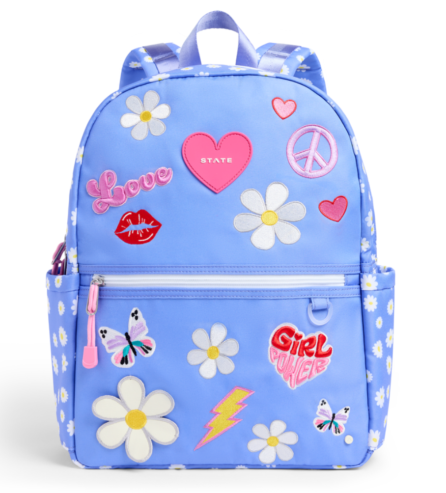 girls backpack with colorful patches and a double side pocket design by state bags