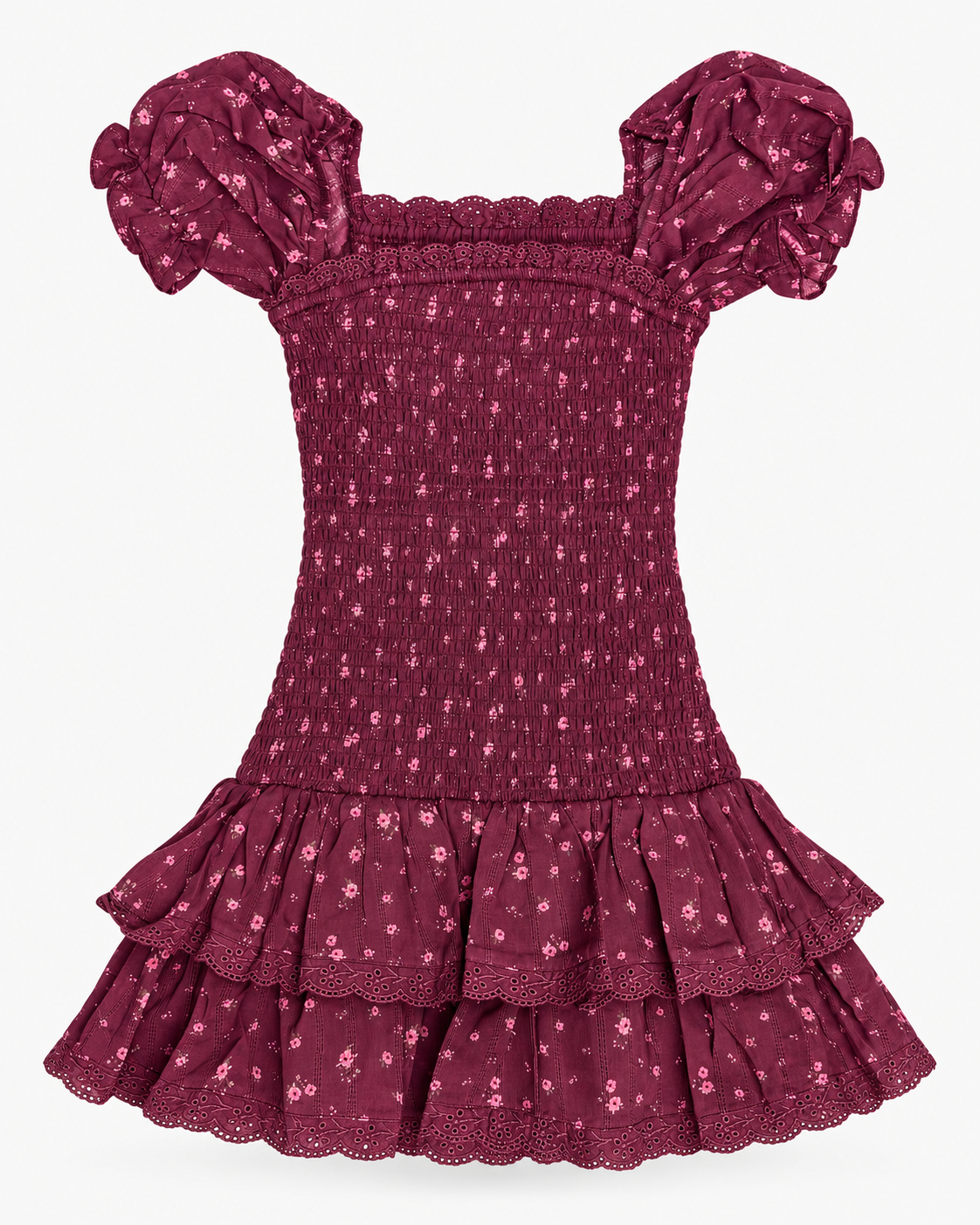 A dark burgundy smocked dress with a small floral print, featuring puffed cap sleeves, a smocked bodice, and a tiered ruffled skirt, shown against a plain white background.