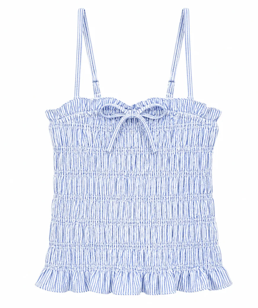 KatieJ NYC Alma top for tween girls in blue seersucker stripe with smocked bodice and spaghetti straps