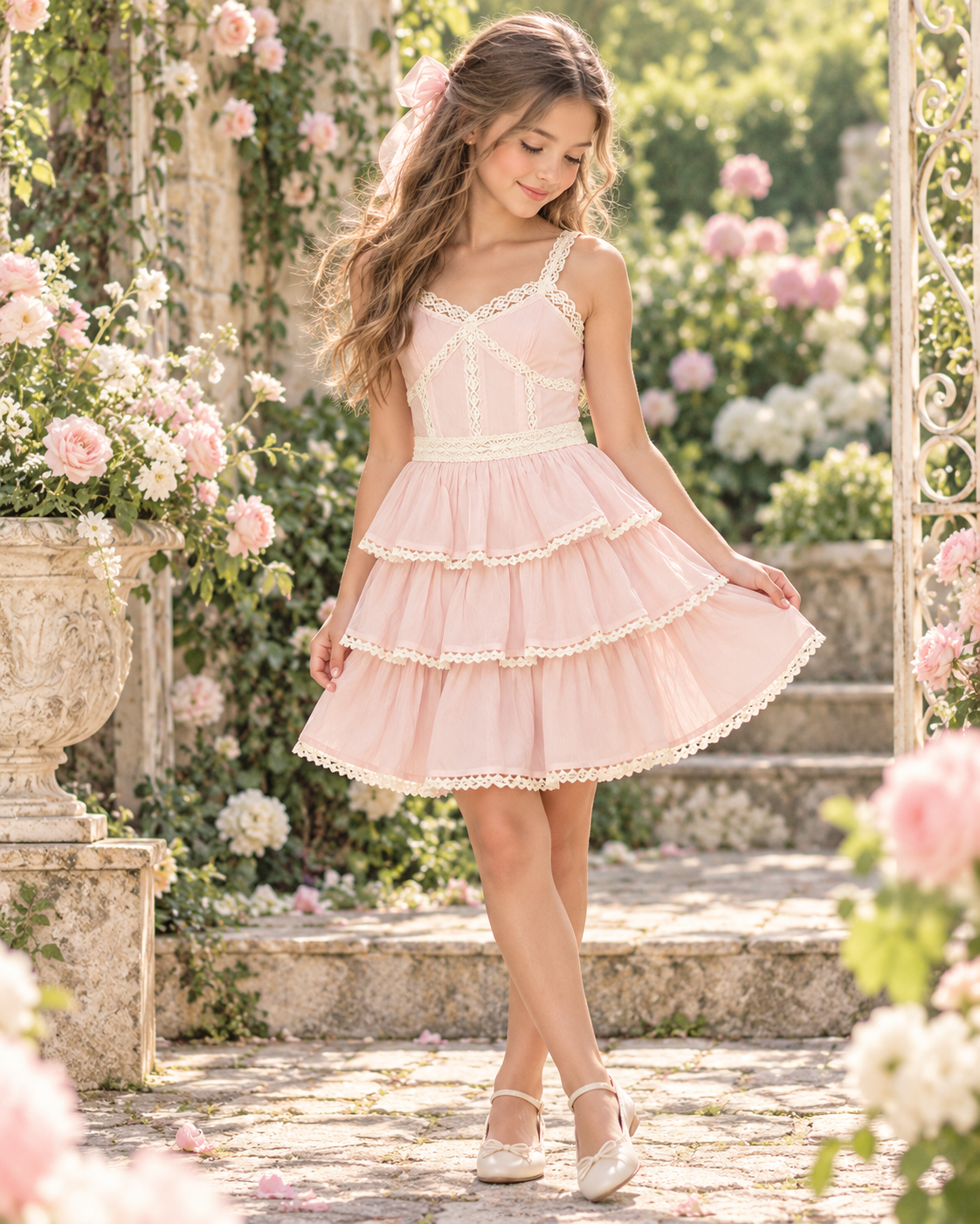 KatieJ NYC Tween Arabella pale pink dress styled in romantic garden