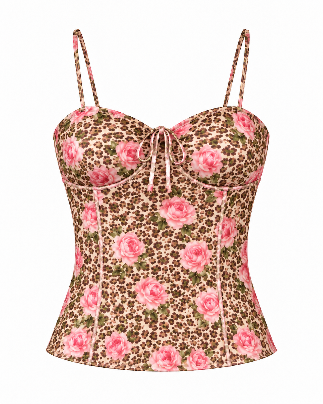 KatieJ NYC Satin Coco Top Pink Rose Leopard studio front view