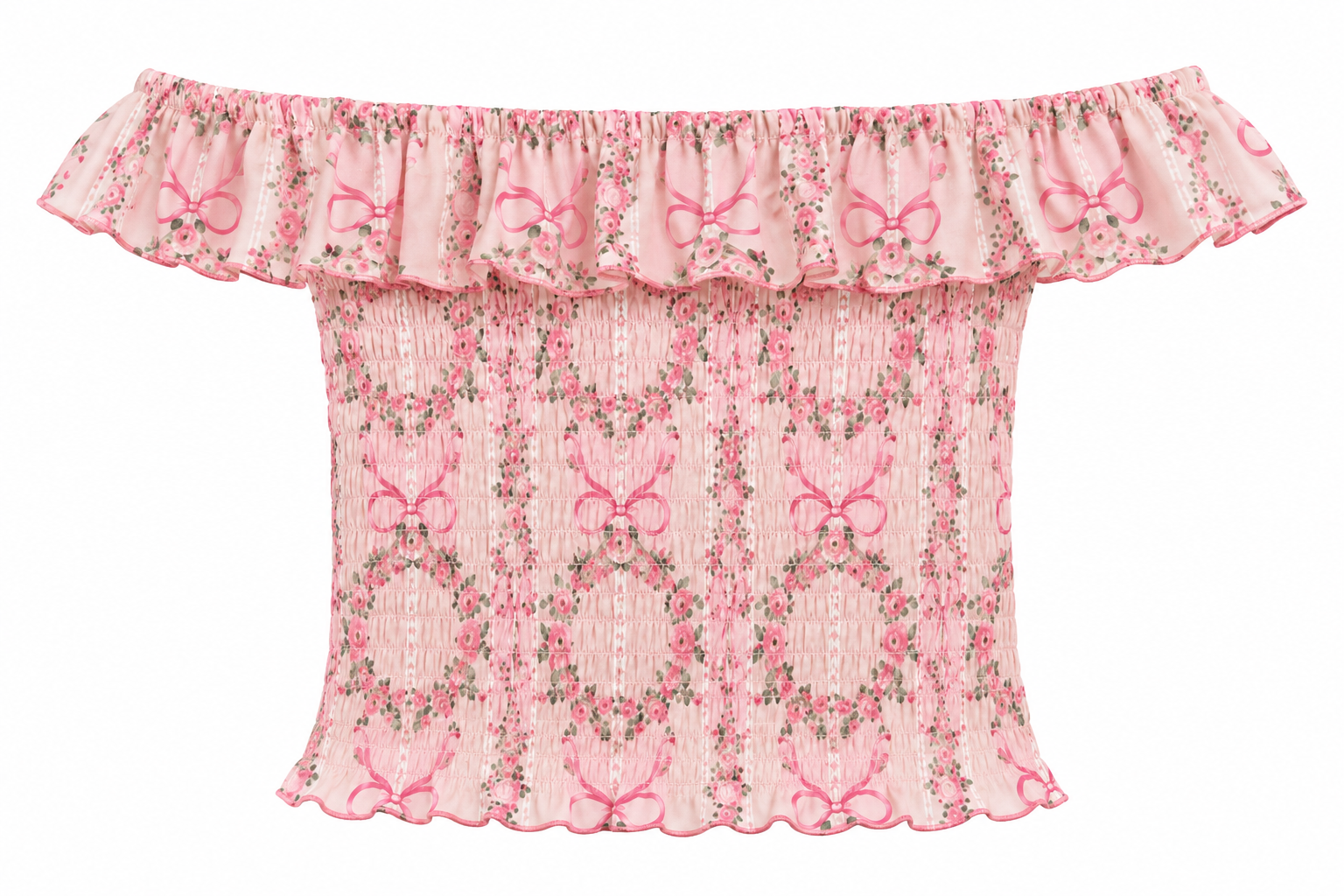 KatieJ NYC Josephine Top Pink Sweetheart Floral pink rose and bow print smocked off shoulder ruffle girls top