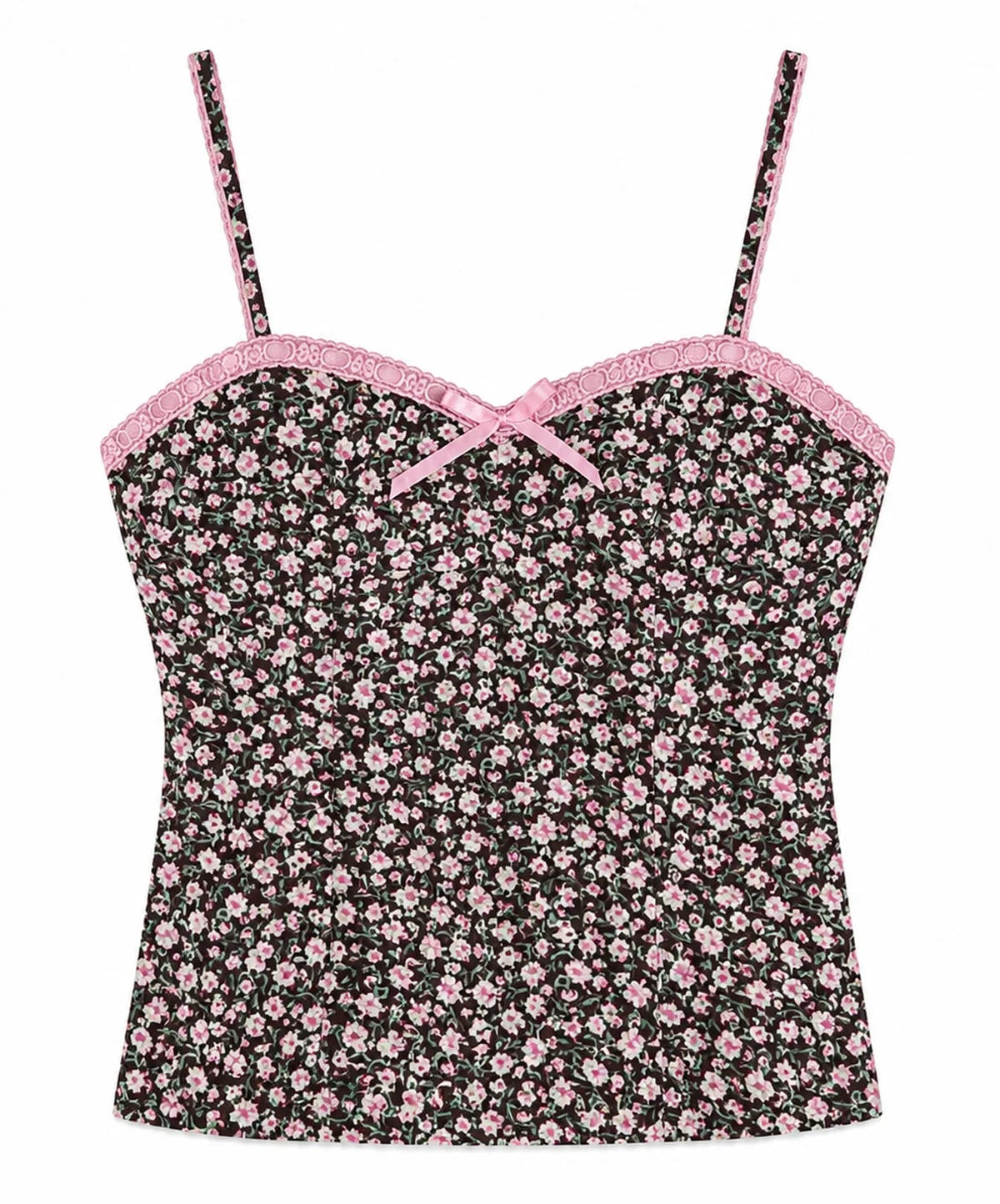 KatieJ NYC Coco Espresso Floral bustier top for tween girls with adjustable straps, pink lace trim, satin bow detail, and a stretch smocked back.