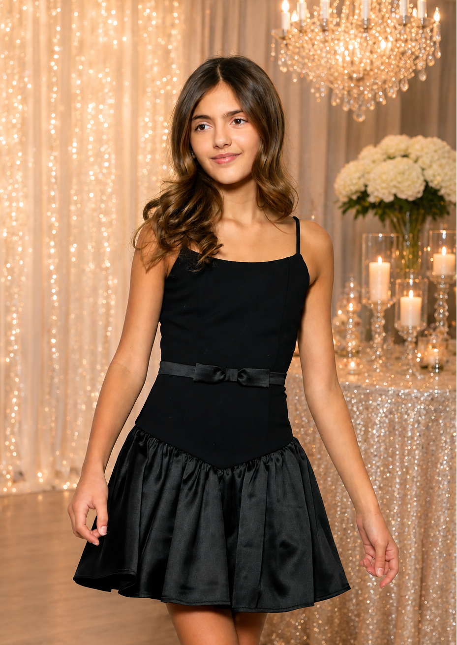Tween girl wearing KatieJ NYC Noreen Dress in black with fitted bodice, bow waist detail, and flared satin mini skirt.