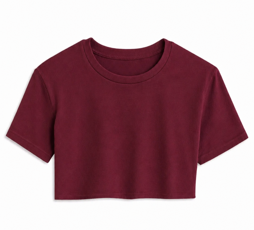 A  tween girls cropped short-sleeve crop top in a deep burgundy color, displayed flat against a solid white background.