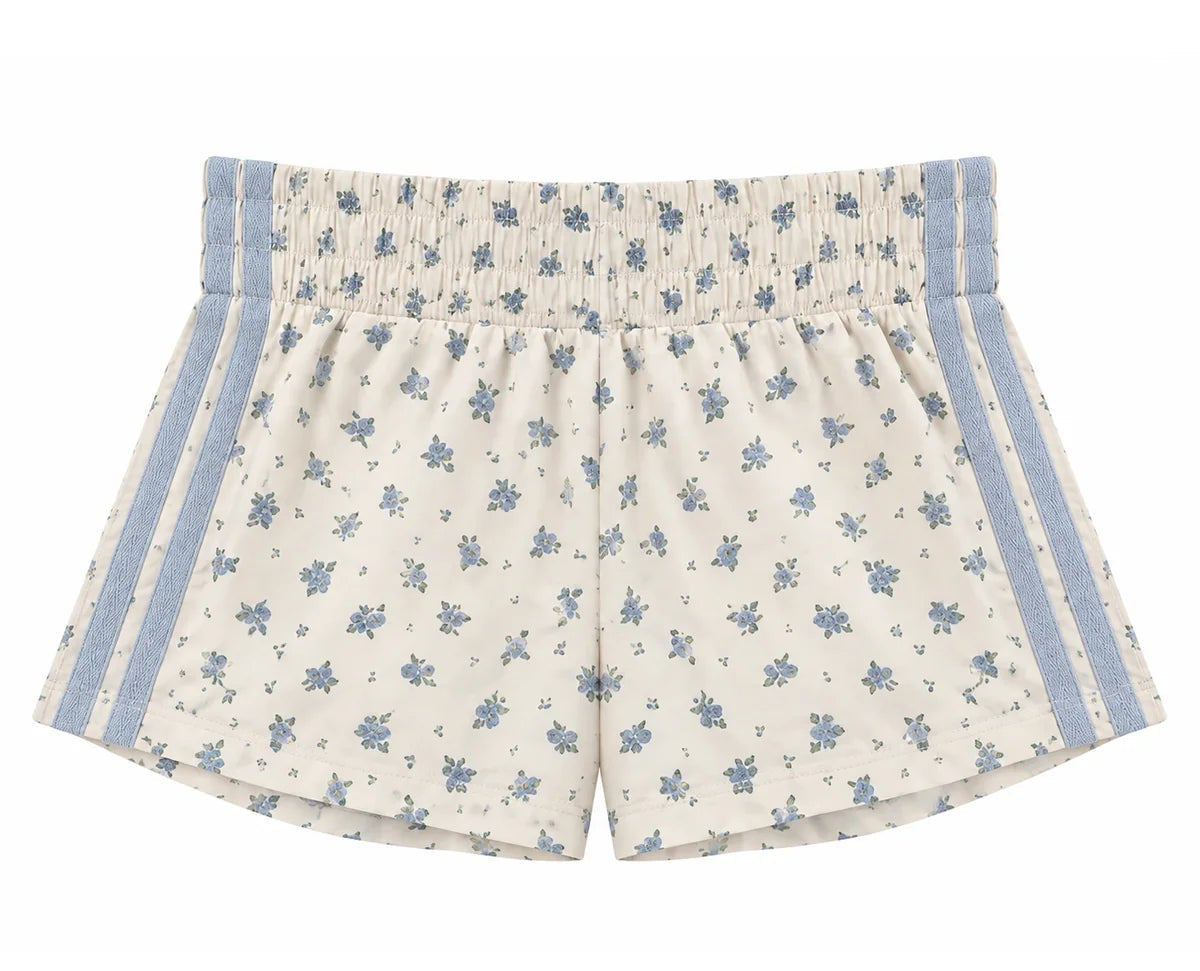 KatieJ NYC Tween Jordyn Sporty Short in Baby Blue Rose Ditsy floral print with contrast side stripes