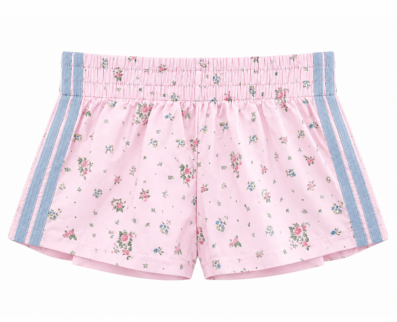 KatieJ NYC Tween Jordyn Sporty Short in baby pink pastel floral with baby blue contrast side stripes