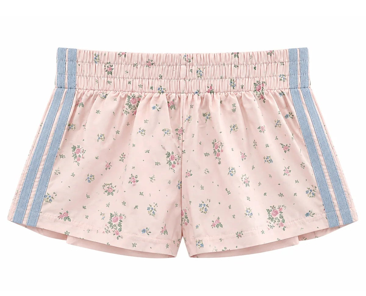 KatieJ NYC Tween Jordyn Sporty Short in baby pink pastel floral with baby blue contrast side stripes