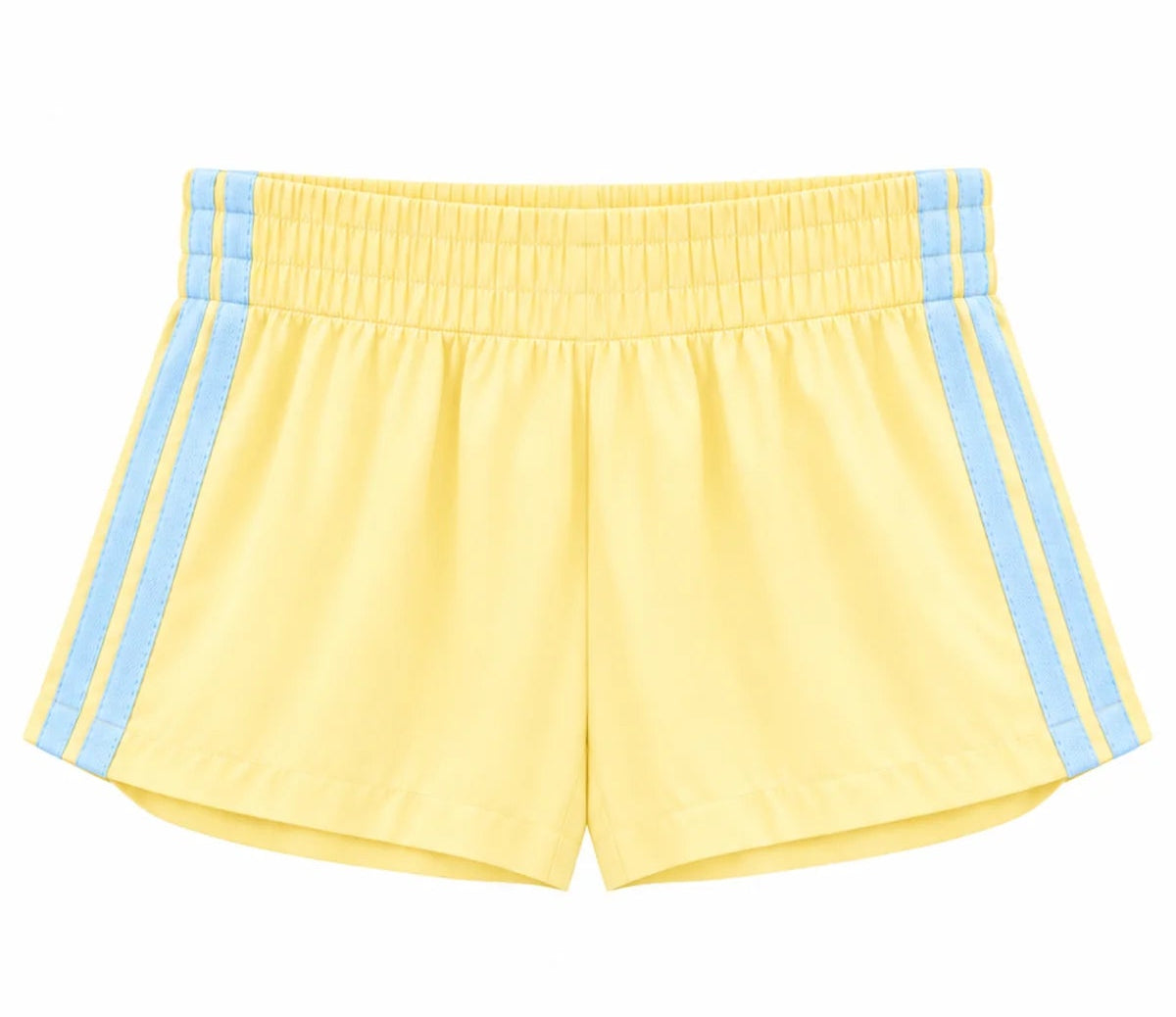 KatieJ NYC Tween Jordyn Sporty Short in baby yellow with baby blue contrast side stripes