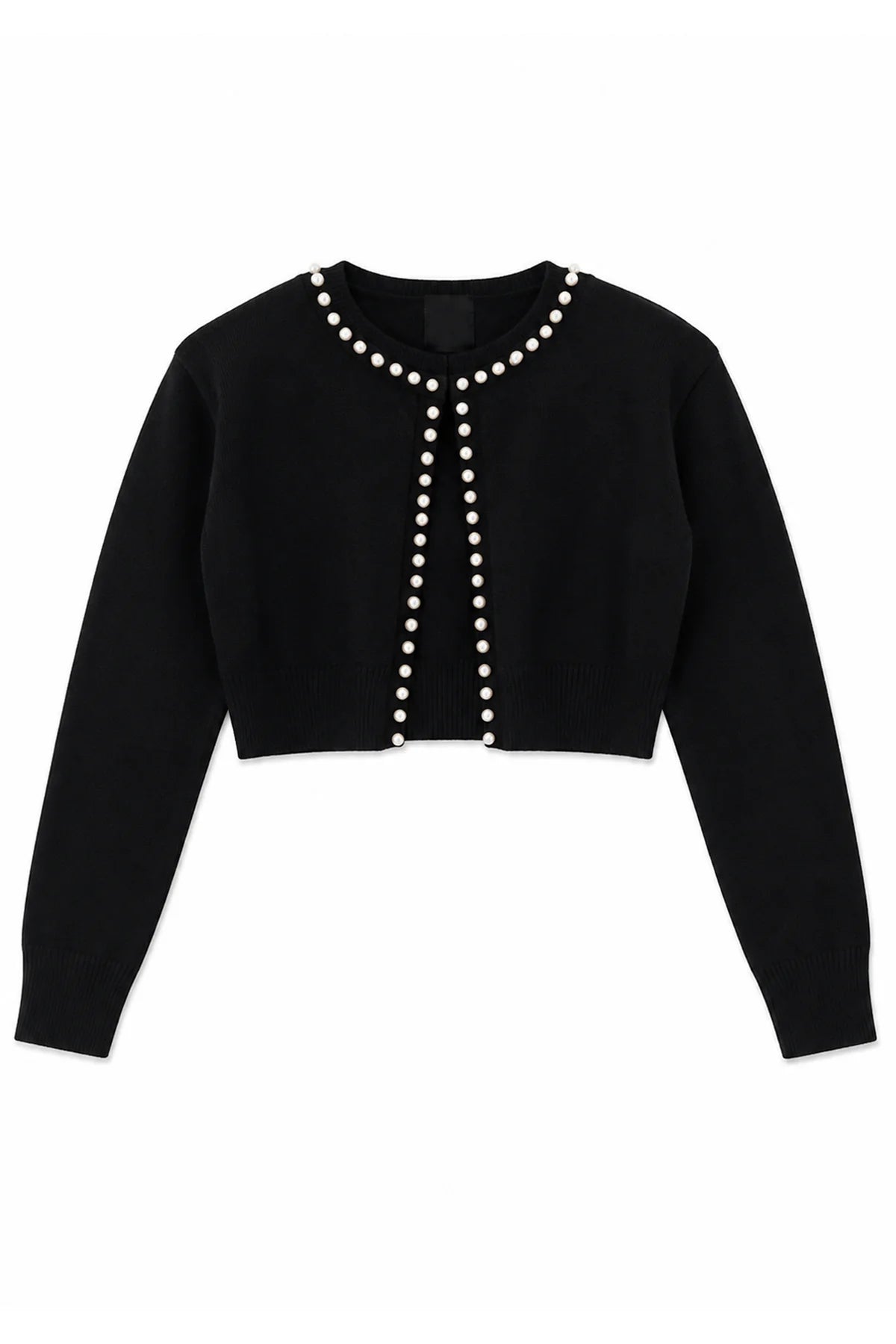 KatieJ NYC Tween Kitty Hem Sweater in black with pearl trim and cropped silhouette