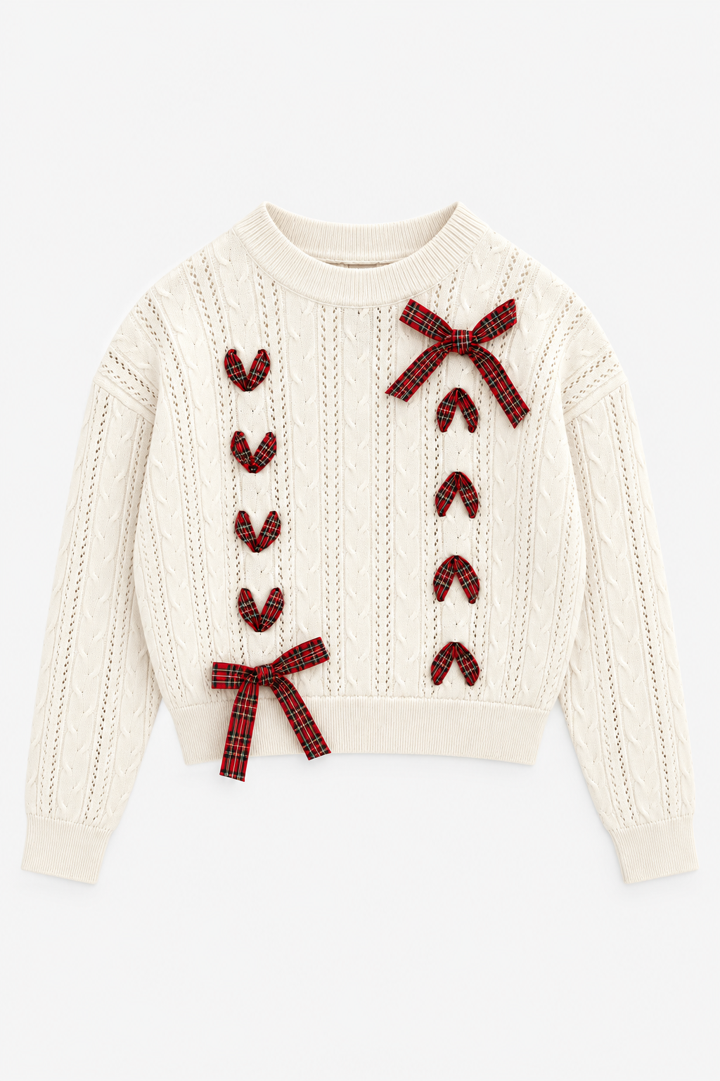 KatieJ NYC Tween Libby Ribbon Sweater in white with festive tartan ribbon bows