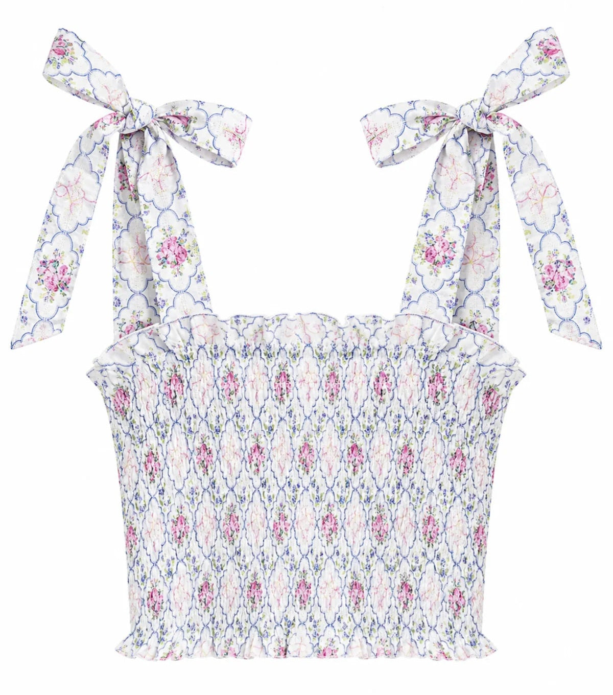 KatieJ NYC Sunny Tie Top for tween girls in floral bouquet print with smocked bodice and bow tie straps