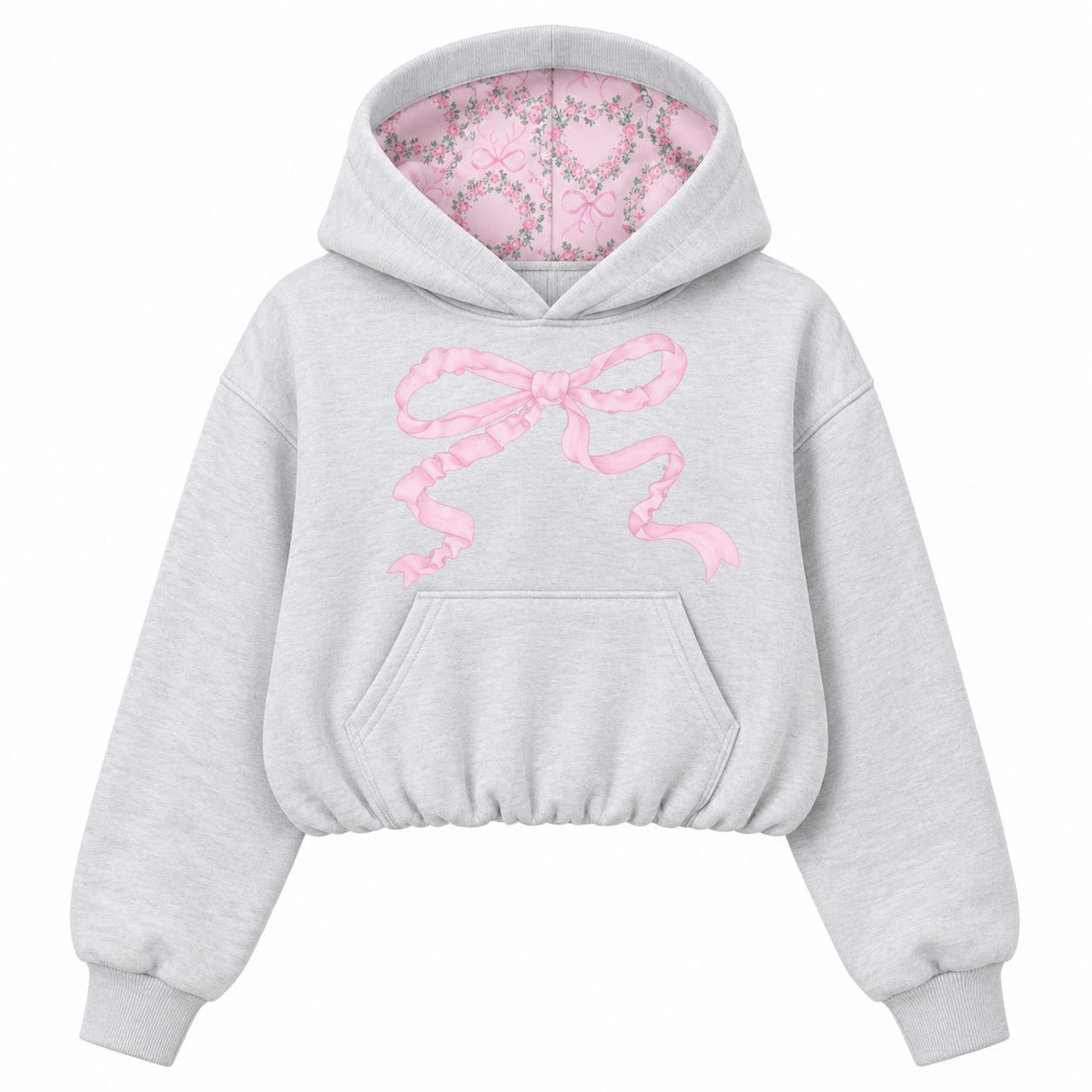 KatieJ NYC Tween Ryan Hoodie in light grey with pink ribbon and sweetheart floral hood lining
