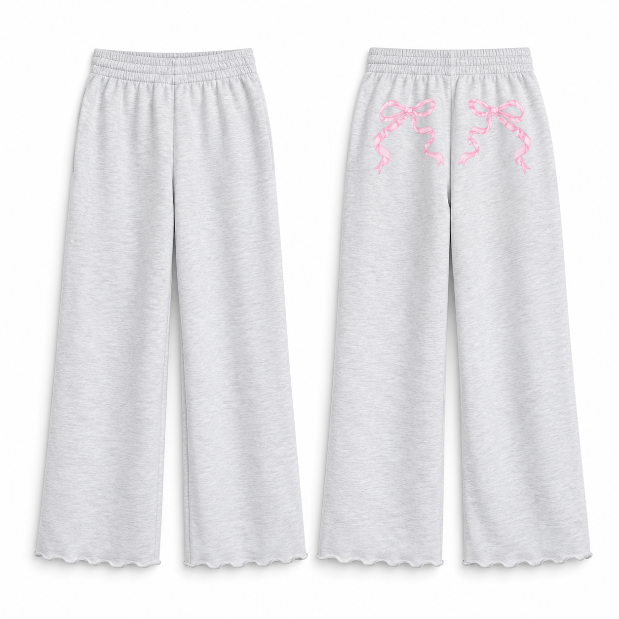 KatieJ NYC Shane Wide Leg Pant light grey with pink ribbon bows front and back views