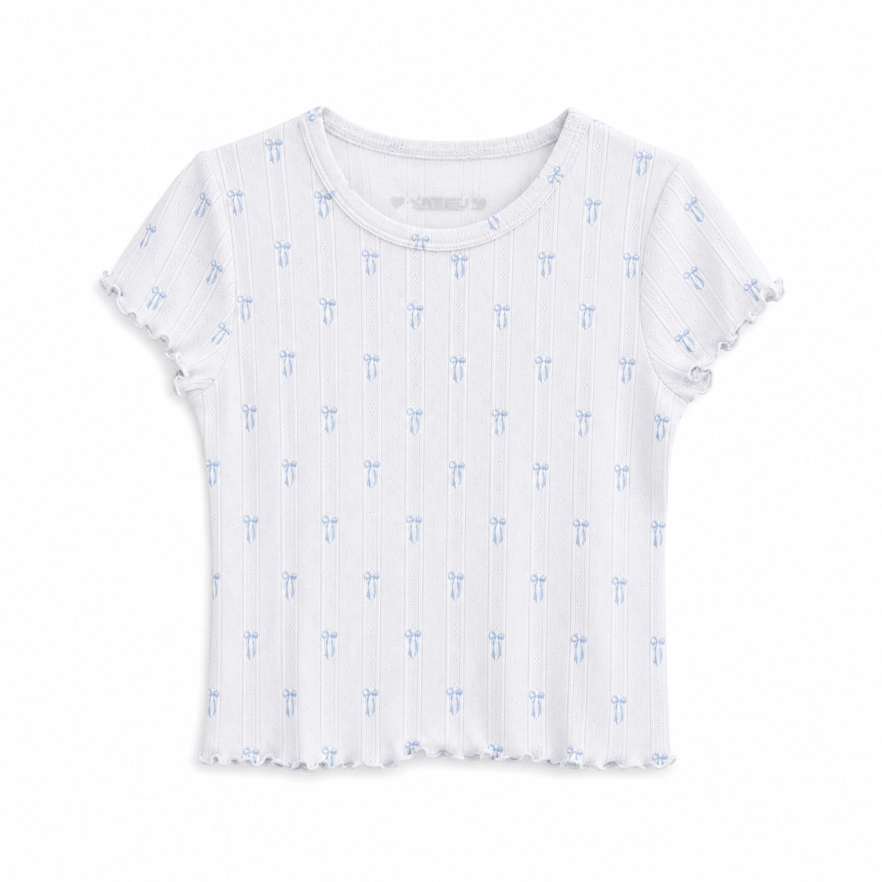 Girl's white pointelle rib Marina Tee with light blue bow print, short sleeves, and lettuce-edge trim by KatieJ NYC.