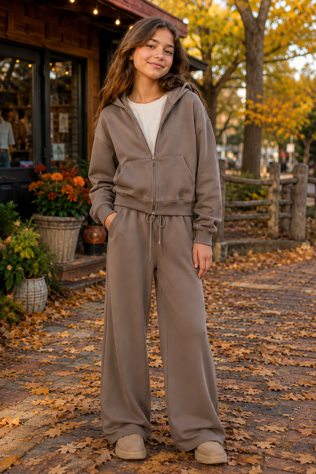 tween girl wearing a KatieJ sweatpant set in brown in a fall outdoor setting