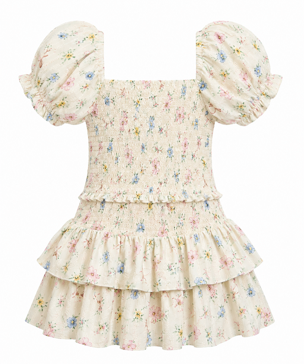 A cream-colored babydoll dress with a delicate multicolor floral print, featuring puff sleeves, a smocked bodice, and a tiered ruffle skirt, shown against a plain white background.