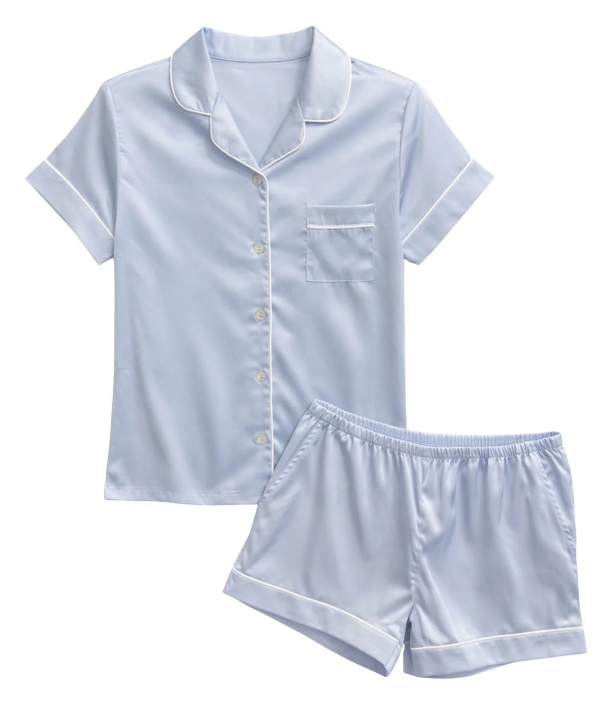 Light blue pajama set with a shirt and shorts on a white background