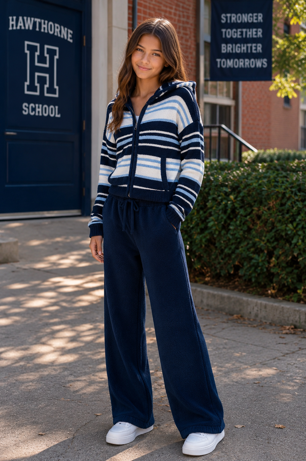 A  12 year old girl stands outdoors in front of a brick building and blue door, wearing a navy, white, and light blue striped zip-up hoodie with matching wide-leg navy pants and white sneakers.