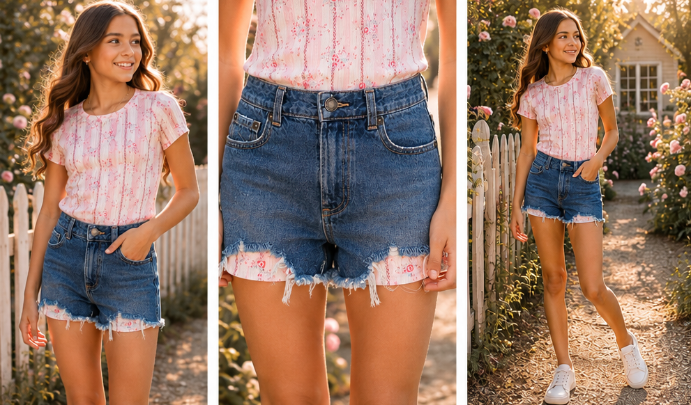tween girl wearing a katiej livi tee with malibu denim shorts at a cottage with a rose garden
