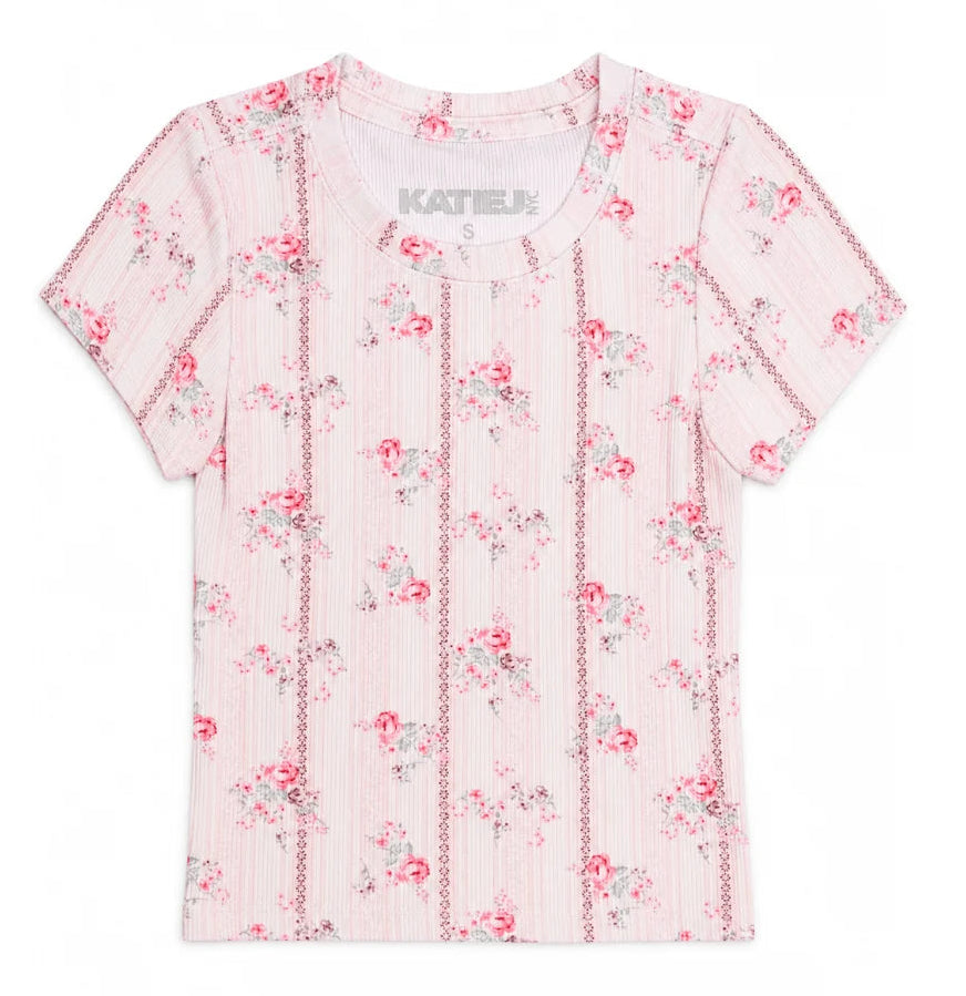 tween girls baby tee in a pink floral print