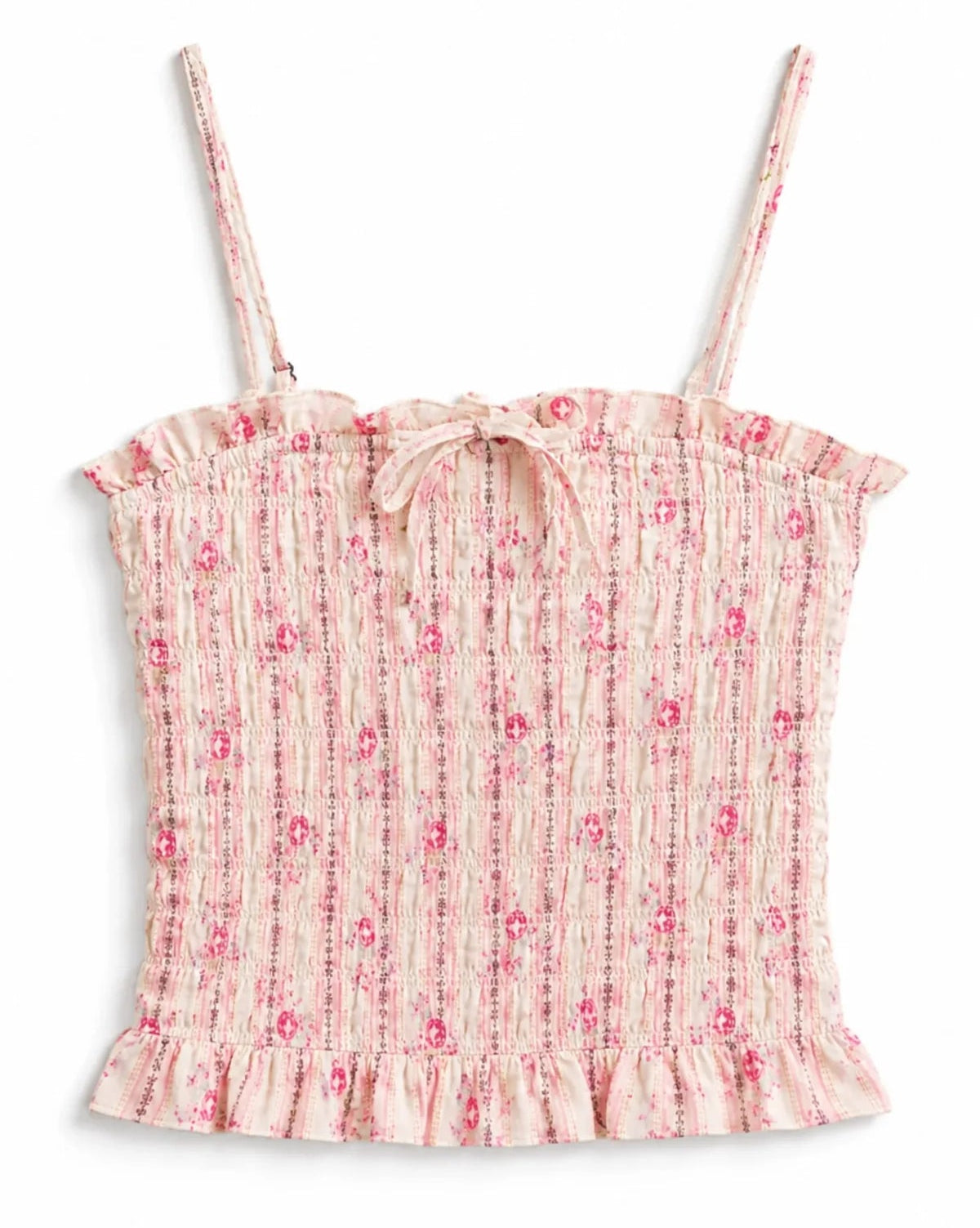 A KatieJ light pink and white vertically striped smocked tank top with a small pink bow at the neckline, displayed flat against a white background.