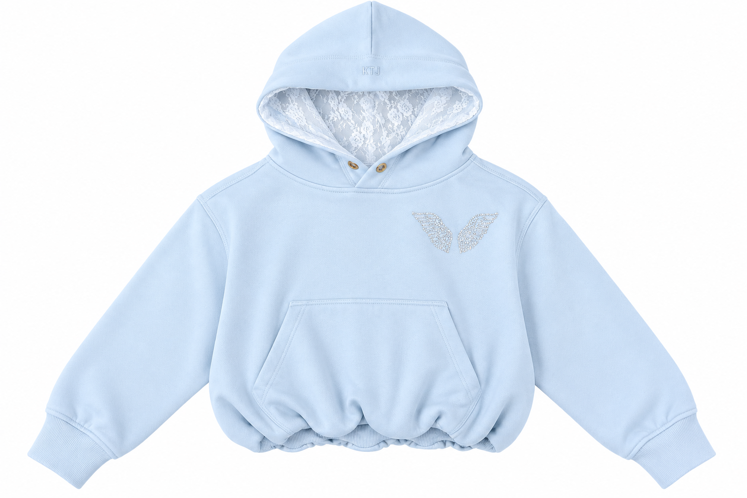 A light blue cropped hoodie by katiej nyc with a white lace-trimmed hood lining, a front kangaroo pocket, and a small white embroidered butterfly on the left chest, shown against a plain white background.