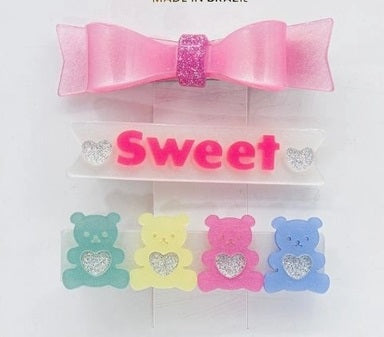 Lilies & Roses Sweet Bears & Bowtie Glitter Hair Clips- Set of 3