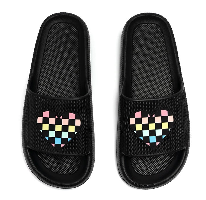 Living Royal Black Checkered Heart Pool Slides - Everything But The Princessliving royal