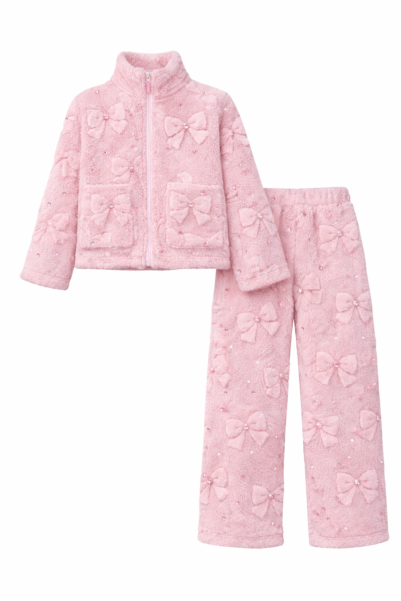 Lola Cutie Bows pink plush matching zip jacket and pants with dimensional bows