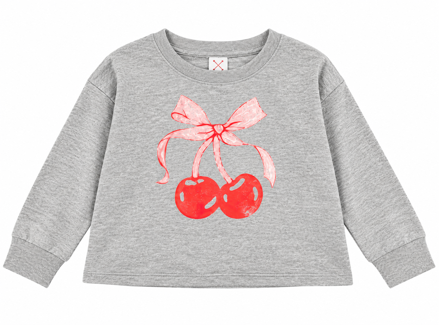 Lux Bows + Cherries Sweatshirt in heather gray with pink bow and red cherry graphic
