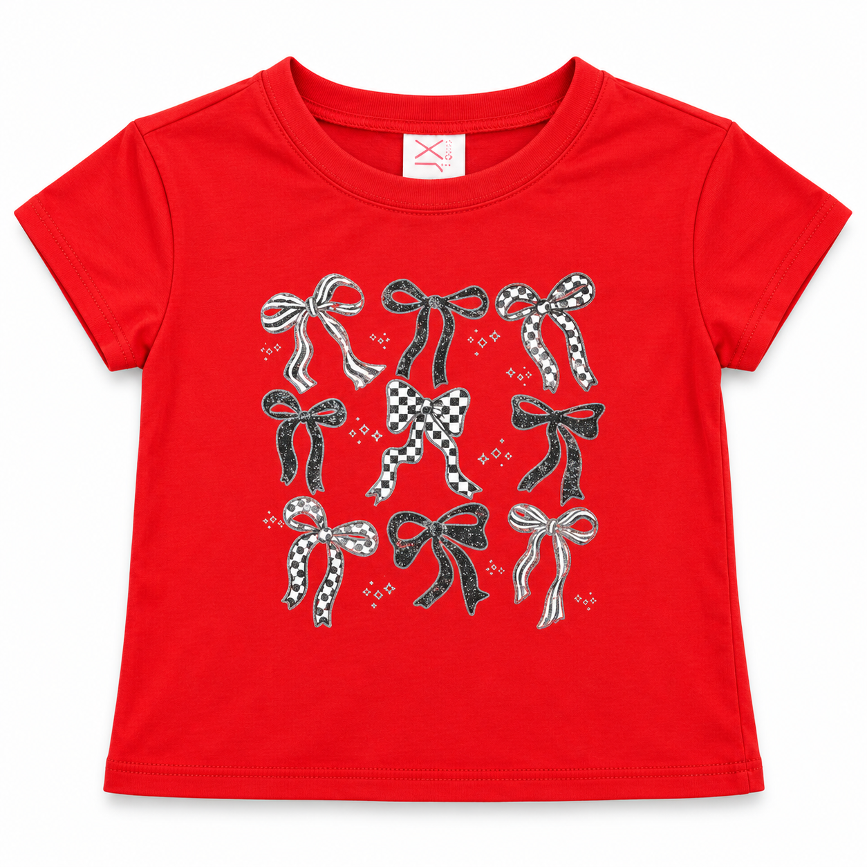 Lux Holiday Bows Graphic Tee in red with black, white and checker bow graphics