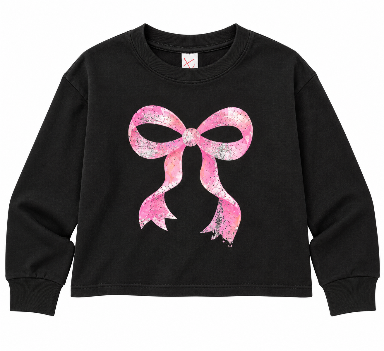 Lux Pink Ribbon Bow Graphic Tee in black with upright pink ribbon bow graphic