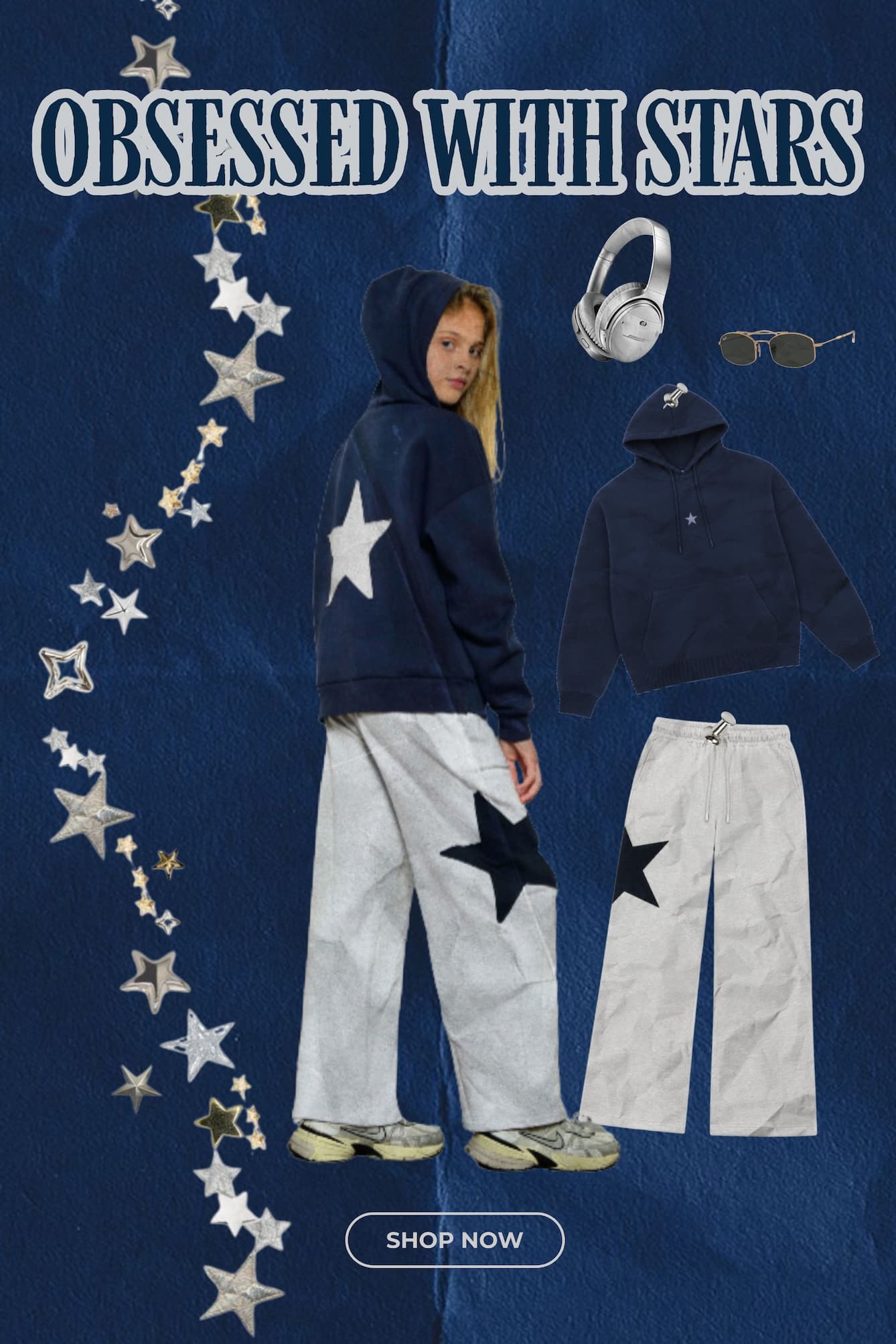 A fashion collage on a dark blue textured background with the text 'OBSESSED WITH STARS' at the top. A model wears a navy hoodie with a large white star on the back and white baggy pants with a black star patch.