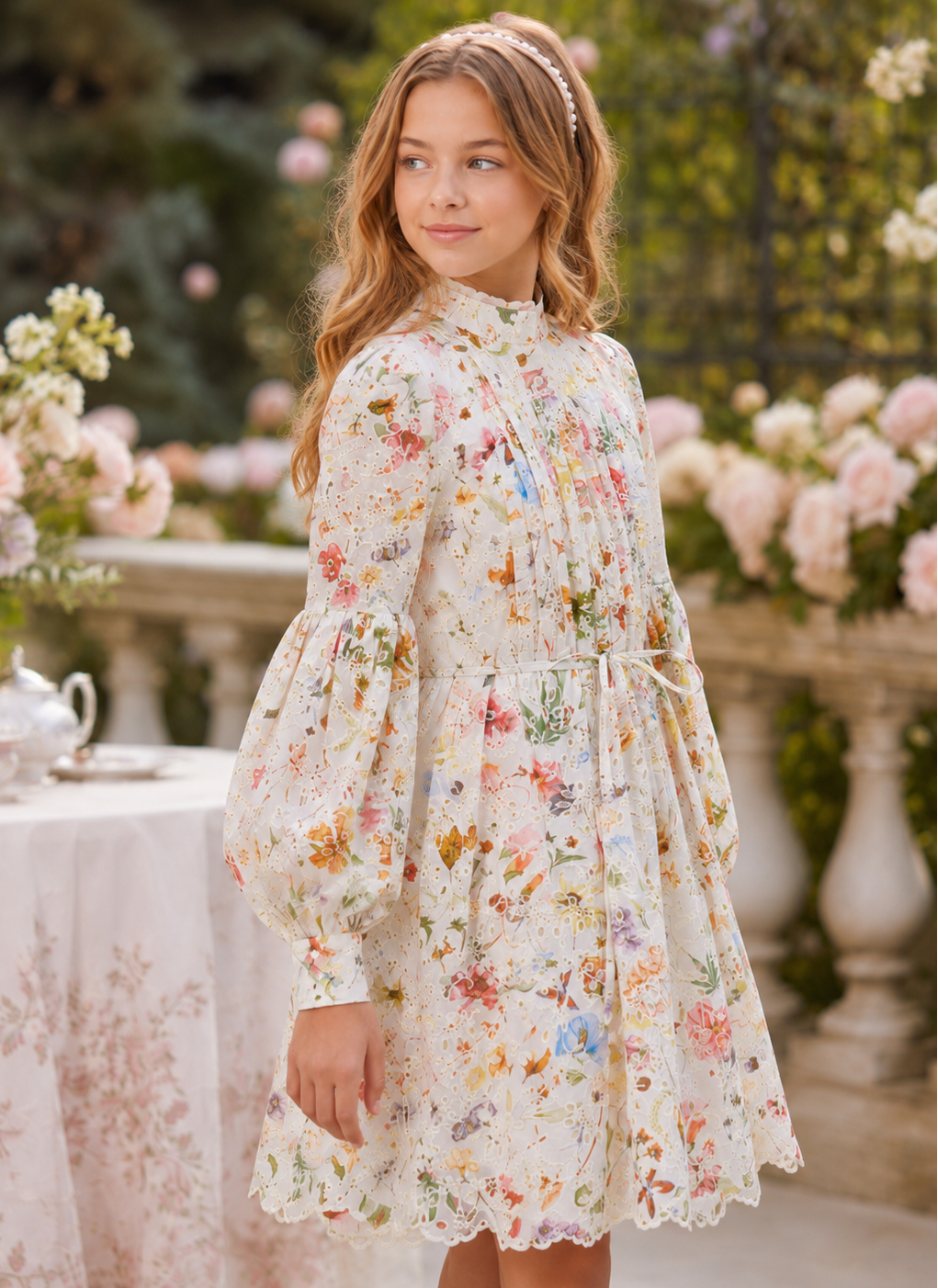 A young girl wearing a long-sleeved, high-neck floral dress with puff sleeves and a lace-trimmed hem, standing in a garden setting with flowers and a table in the background.
