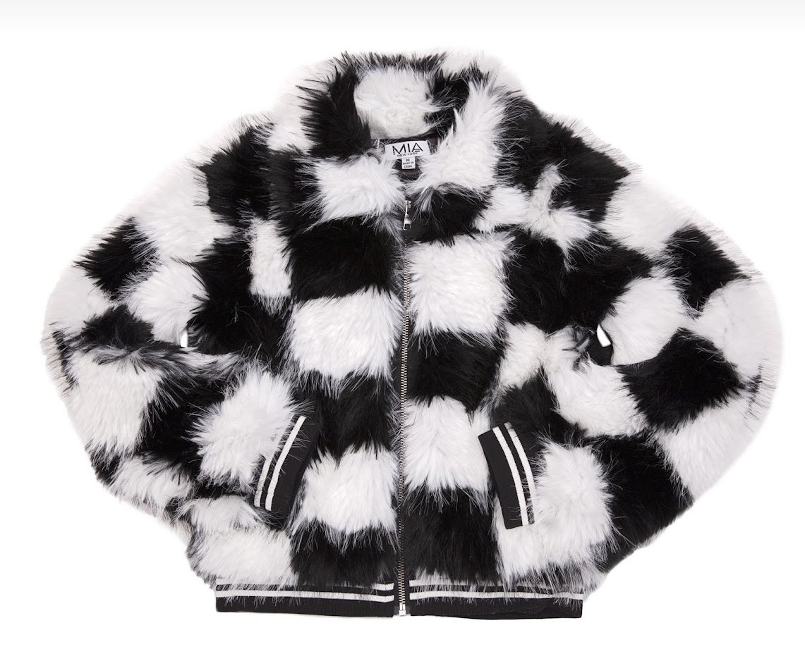 Mia New York Black Checker Faux Fur Jacket