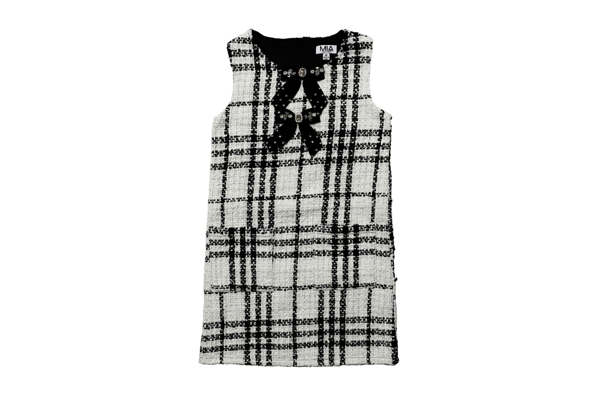 Mia New York black and white tweed bow dress with jeweled bow details