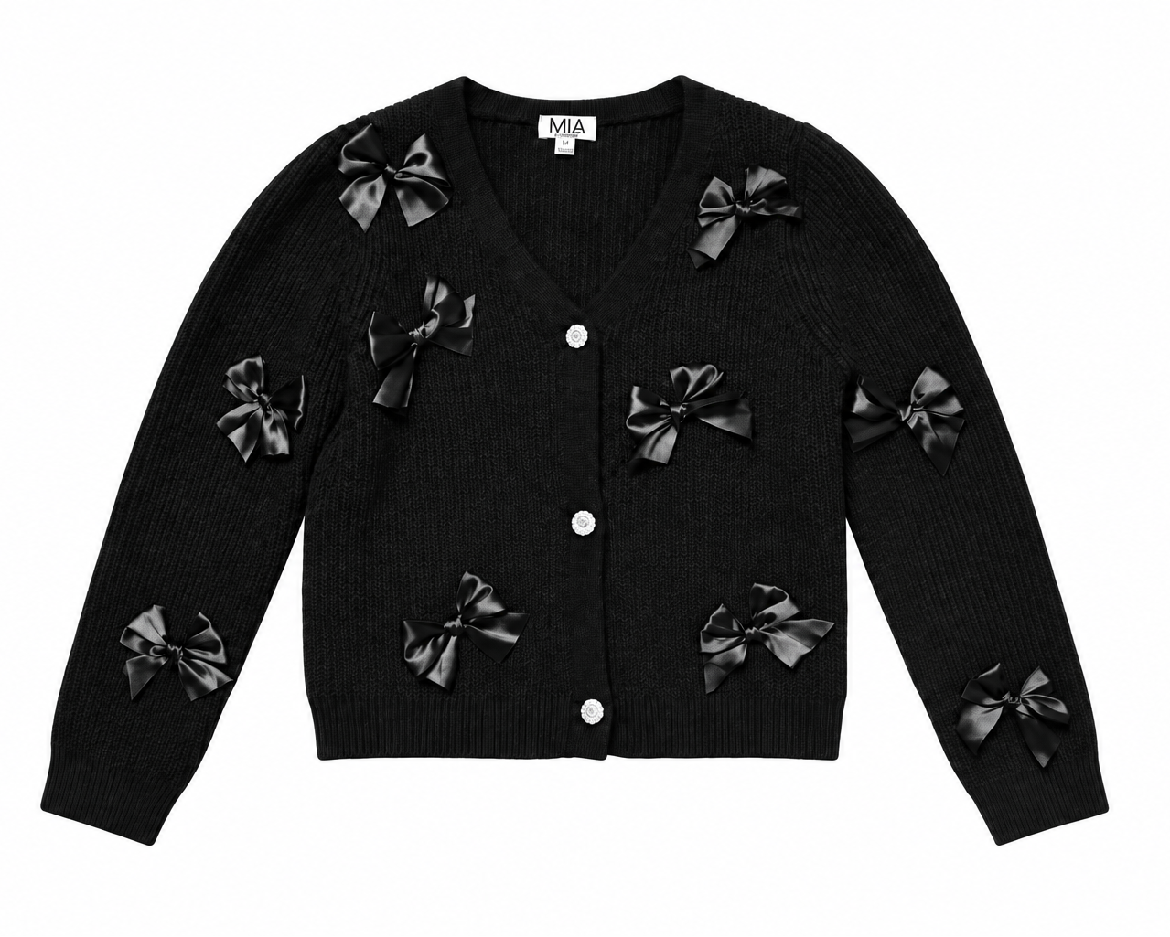 A  girls black ribbed knit cardigan sweater with multiple black satin bow embellishments on the front and sleeves, featuring white buttons, photographed flat on a white background.