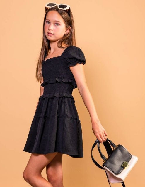 Miss Behave Girls Berkley Puff Sleeve Smocked Ruffle Dress - Black - Everything But The PrincessMiss Behave