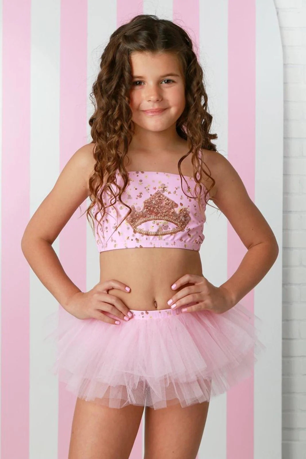 Ooh La La Couture pink girls princess two piece swimsuit with soft tulle tutu skirt and tiara print