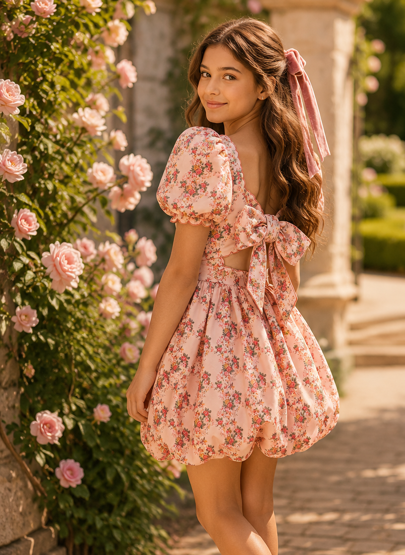 A young girl wearing a pink floral puff-sleeve dress with a bow detail, standing in a sunny garden courtyard next to a rose wall.