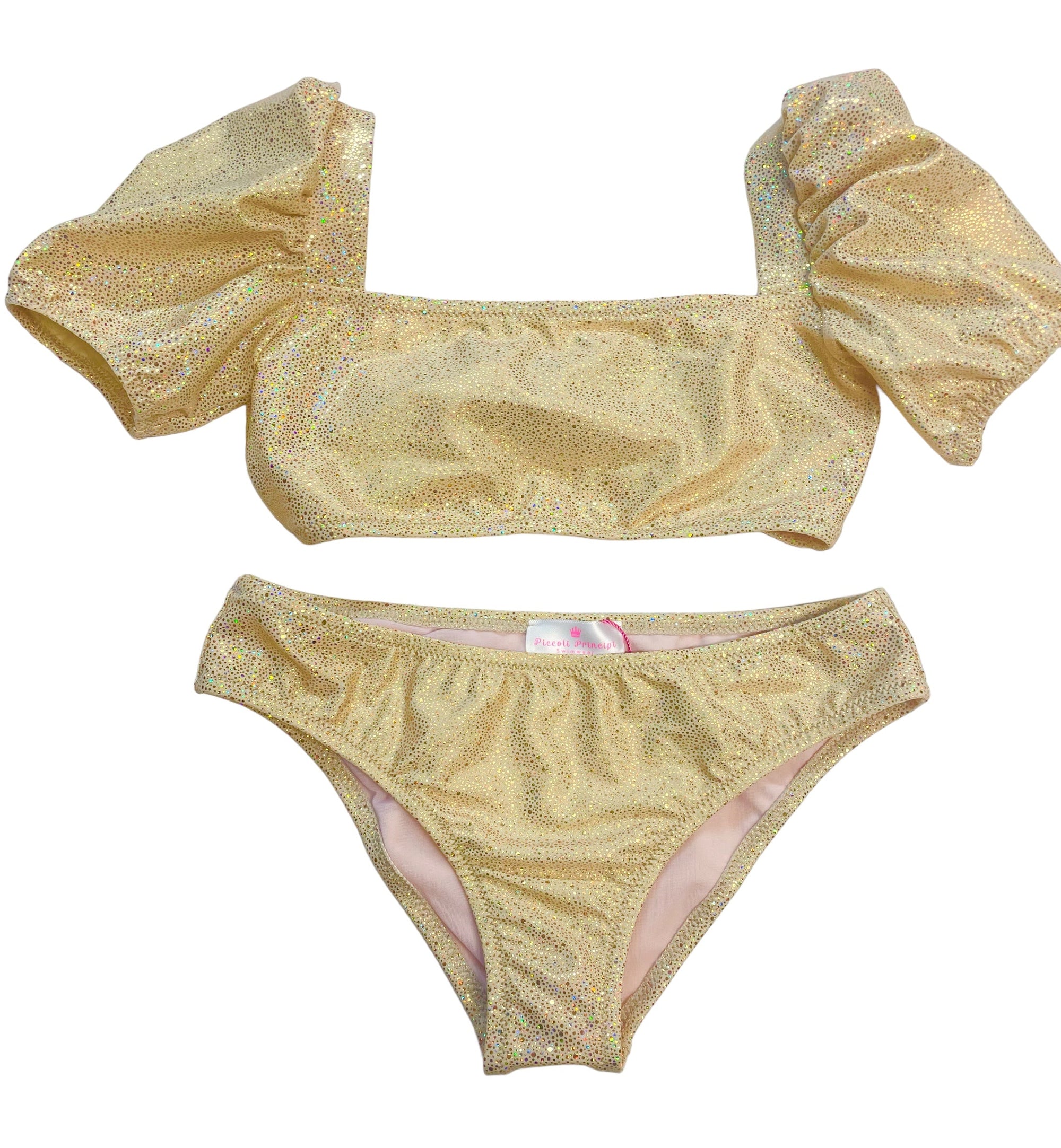 Piccoli Principi Daisy Puff Sleeve 2pc Swimsuit- Gold Glitter - Everything But The PrincessPiccoli Principi