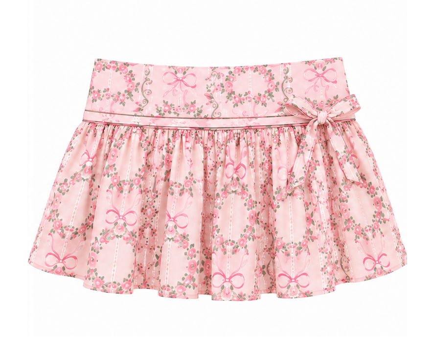 KatieJ NYC Elisa Skort Pink Sweetheart Floral girls pink floral bow print gathered skort front view