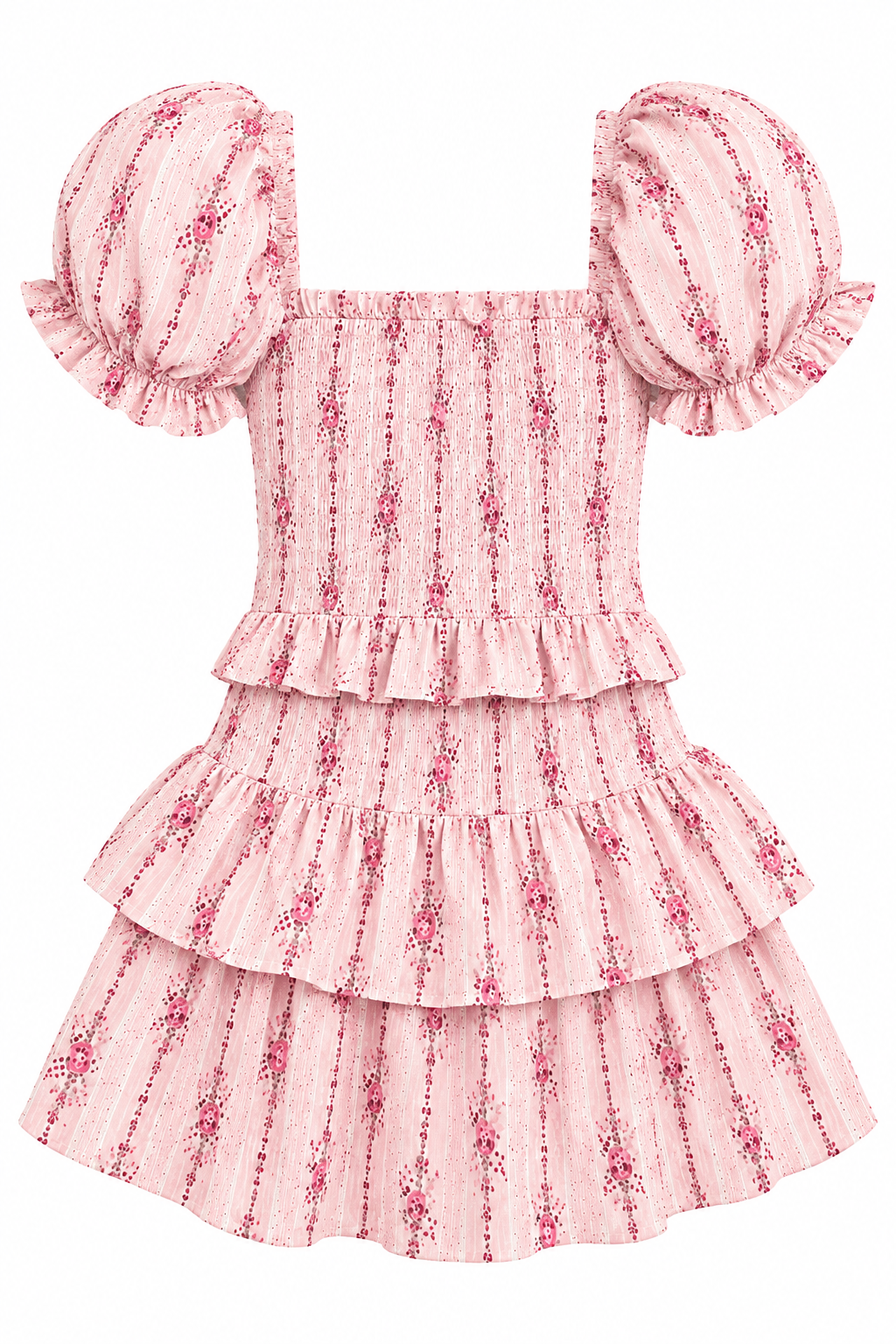 A pink tiered ruffle dress with puff sleeves, featuring a vertical stripe pattern with small pink floral details, shown against a plain white background.