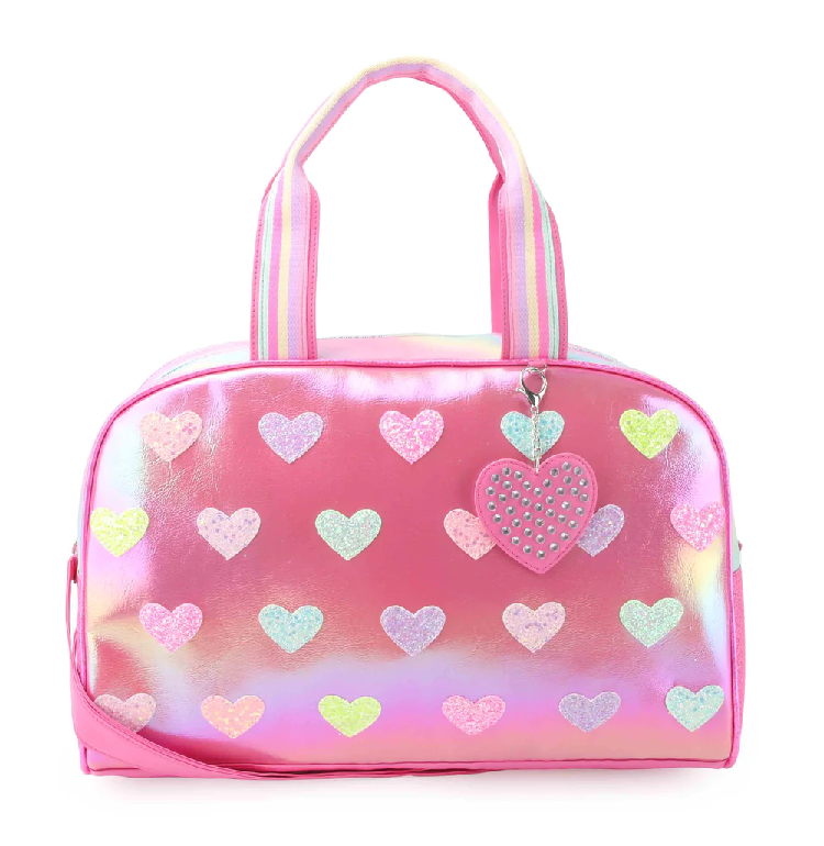 Metallic Heart-Patched Pink Large Duffle Bag