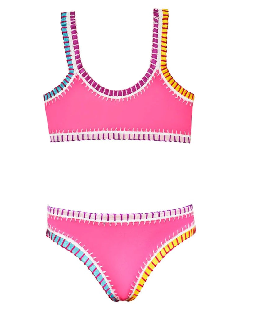 PQ Kids Pink Sporty Rainbow Embroidered Bikini