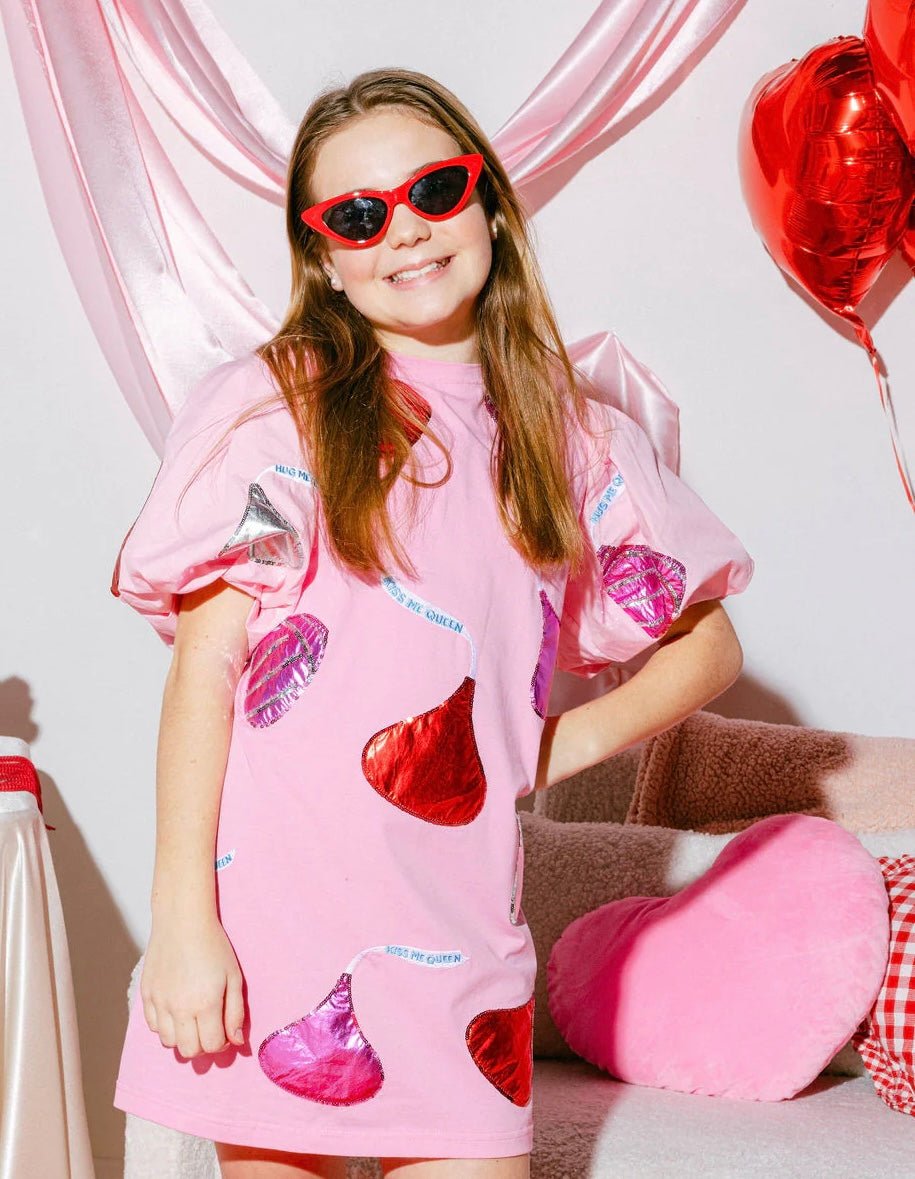 Queen Of Sparkles Kids Pink Kiss Me Queen Poof Sleeve Dress