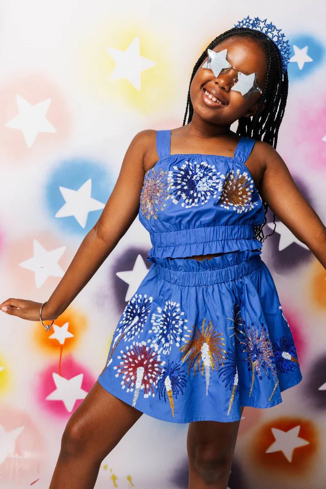 Queen Of Sparkles Kids Royal Blue Fireworks Smocked Skort - Everything But The PrincessQueen Of Sparkles